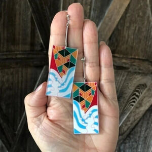Green Blue Waves Retro Pop Asian Anime Rectangle Resin Earrings D NWT